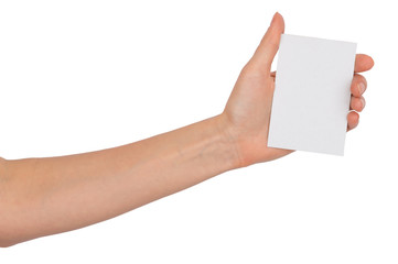 Humans left hand with blank card