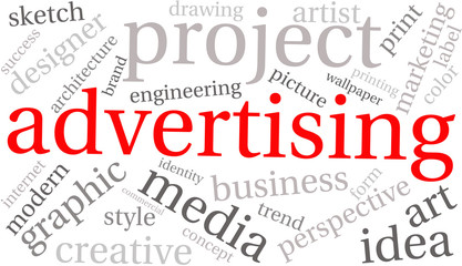 Creative advertising word cloud on a white background. 