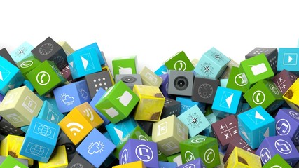 Various apps in shape of a cube, with copy-space on white background.