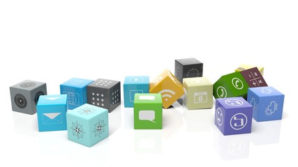 Various apps in shape of a cube, isolated on white background.