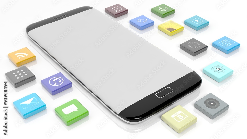 Wall mural smartphone template with apps in shape of a beveled square, isolated on white background.