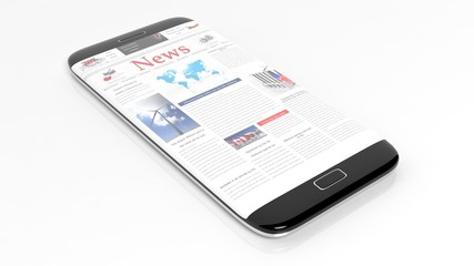 Black smartphone edge with News Website on screen,isolated on white.