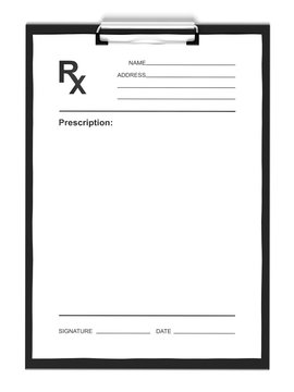 Blank prescription form, isolated on white background.