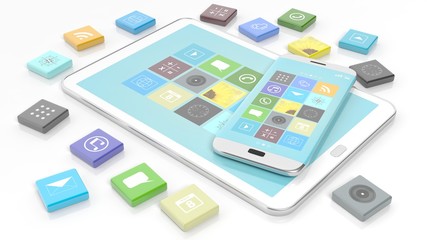 Smartphone and tablet with apps in shape of beveled square, isolated on white background.