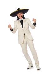 Funny mexican in suit and sombrero isolated on white