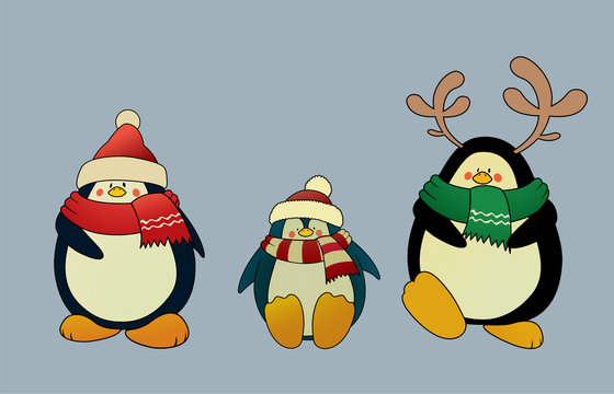 Set of 3 sweet and funny looking Christmas penguins.Isolated vector illustration