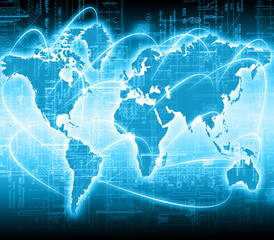 World map on a technological background, glowing lines symbols
