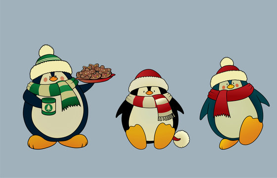 Set of 3 sweet and funny looking Christmas penguins.Isolated vector illustration