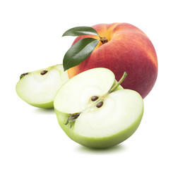 Peach apple half quarter pieces isolated on white background