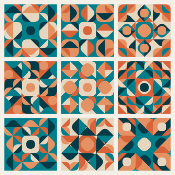  Vector Seamless Teal Orange Retro Geometric Ethnic Pattern 