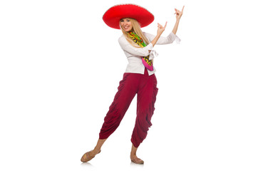 Mexican girl with sombrero dancing on white