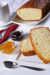 Breakfast with homemade biscuits, jam and cup of coffee.