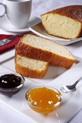 Breakfast with homemade biscuits, jam and cup of coffee.