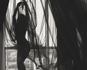 Black and white silhouette of beautiful young lady beside window