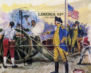Liberia - circa 1982: a postage stamp Liberia circa 1982 data. Dedicated to the War of independence of America against England and Hesse-Kassel.The Philadelphia company 1777