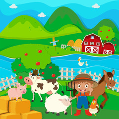 Obraz na płótnie Canvas Farmer and farm animals on the farm