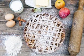 Home made apple pie sprinkled with fine sugar