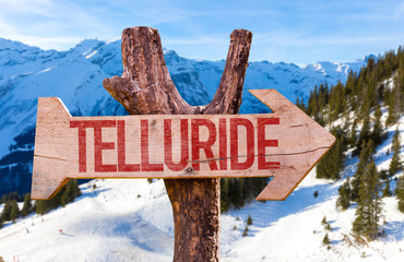 Telluride wooden sign with winter background