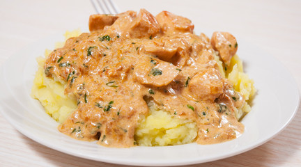 chicken breast in a creamy sauce with mashed potatoes