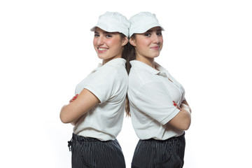 Happy twin girl on white background