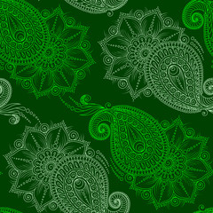 Henna Mehendy Doodles Seamless Pattern on a green background