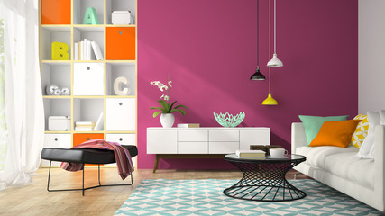Interior of modern design room with purple wall 3D rendering