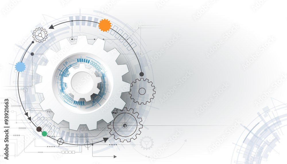 Aufkleber vector futuristic technology, 3d white paper gear wheel on circuit board. illustration hi-tech, engi