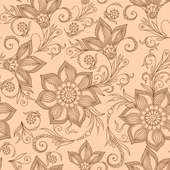 Henna Mehendy Doodles Seamless Pattern on a brown background