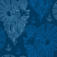 Winter seamless pattern with head sheep and snowflakes