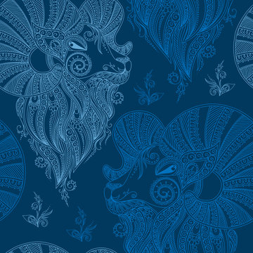 Winter seamless pattern with head sheep and snowflakes