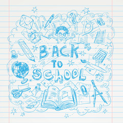 Obraz premium Back to School doodles elements, set of labels and icons. Vector illustration.
