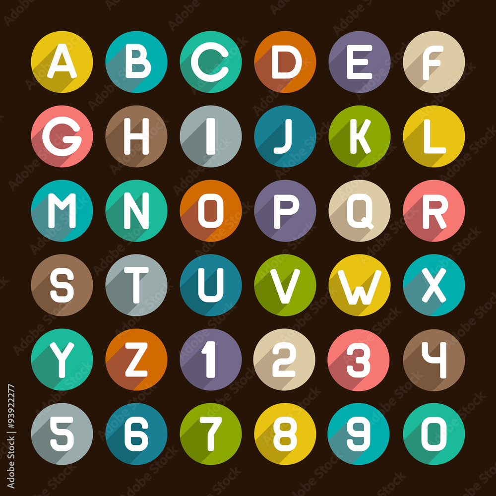 Fototapete flat style alphabet icons set. numbers and letters. vector
