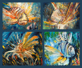Lion fish. Different views of Lion fish. Painting, pictorial art