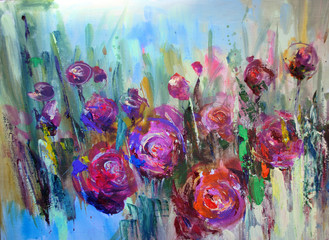 Peony flowering shrub, modern paintings, oil on canvas, expressive art picture, abstract landscape, contemporary art