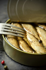 Can with smoked Baltic sprats.