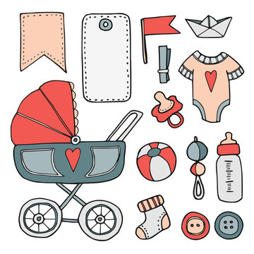 Baby shower hand drawn scrapbooking elements, isolated vectors