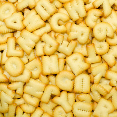 English alphabet and number made from bread background