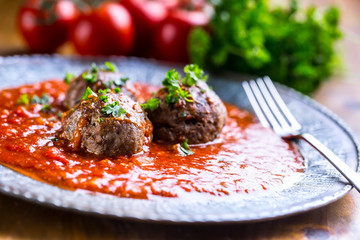 Meat balls. Italian and Mediterranean cuisine. Meat balls with spaghetti and tomato sauce. traditional kitchen. 