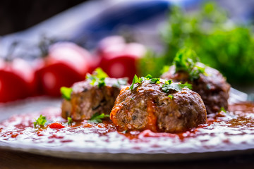Meat balls. Italian and Mediterranean cuisine. Meat balls with spaghetti and tomato sauce. traditional kitchen. 