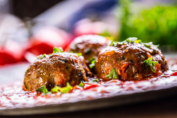 Meat balls. Italian and Mediterranean cuisine. Meat balls with spaghetti and tomato sauce. traditional kitchen. 