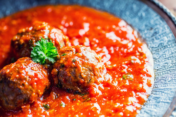 Meat balls. Italian and Mediterranean cuisine. Meat balls with spaghetti and tomato sauce. traditional kitchen. 