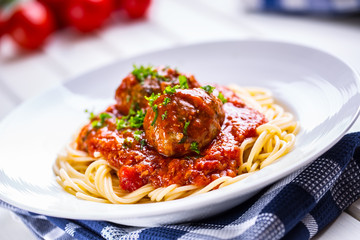 Meat balls. Italian and Mediterranean cuisine. Meat balls with spaghetti and tomato sauce....