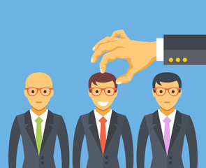 Hand picking the best candidate. Employment, recruitment, searching professional staff, human resources. Flat illustration