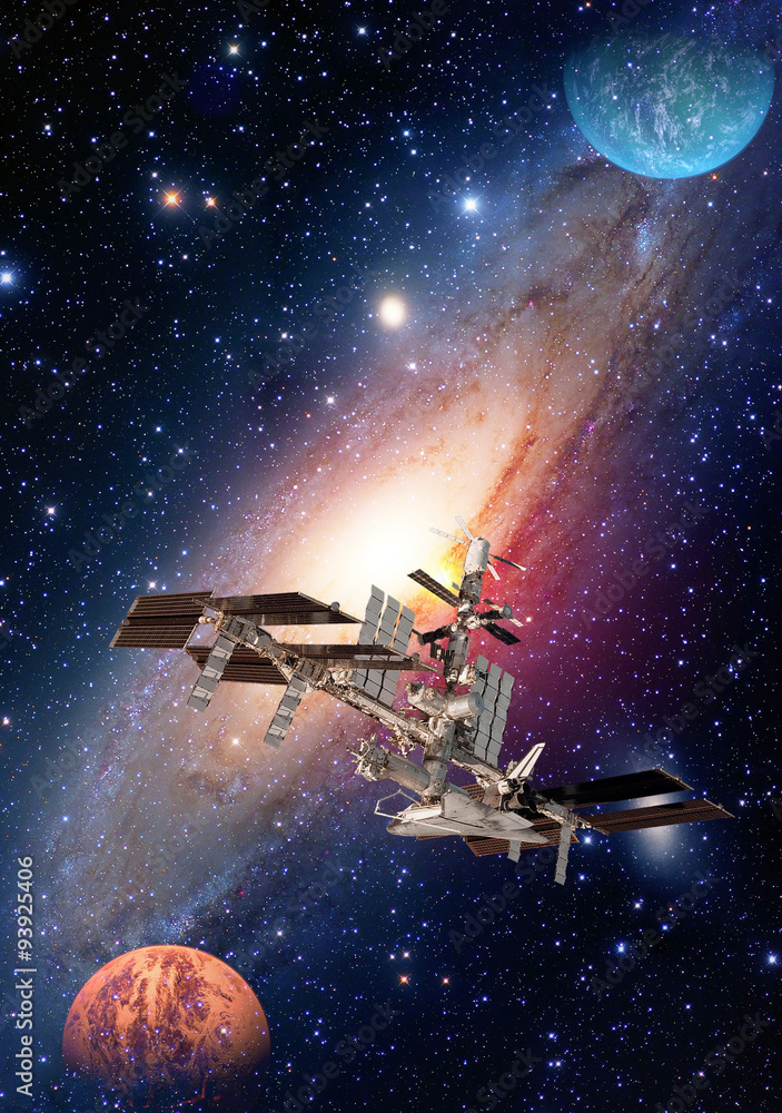 Sticker satellite solar system space station spaceship planet interstellar galaxy. elements of this image fu