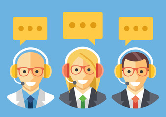 People with headset. Technical support, customer support, call center staff. Vector flat illustration