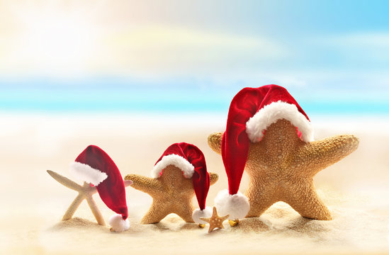 Family Of Starfish On Summer Beach And Santa Hat. Merry Christmas