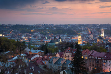 Panoramic Aerial view of old town at sundown. Lviv, Ukraine,