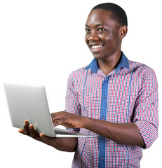 African young man holding laptop