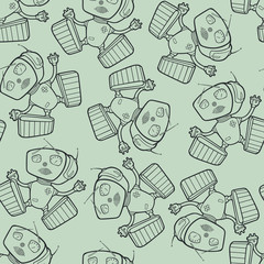 Seamless texture with toy robots. Light background with cheerful robots.