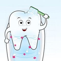 Smiling tooth with bathtub and flowers, cartoon vector 